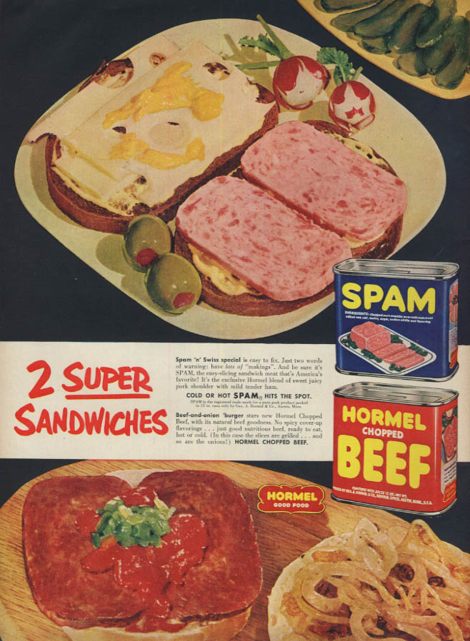 Image for 2 Super Sandwiches - Spam & Swiss Hormel Chopped Beef Burger ad 1955 L