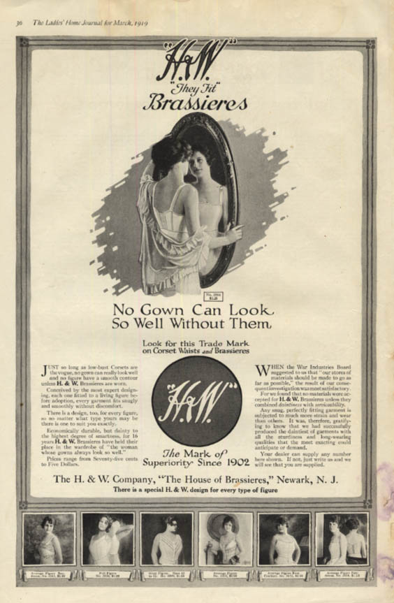 No Gown Can Look So Well Without Them H&W Brassieres bra ad 1919 LHJ