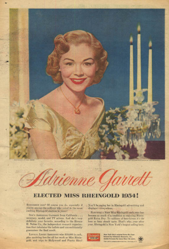 Image for Adrienne Garrett elected Miss Rheingold Beer ad 1954 PR