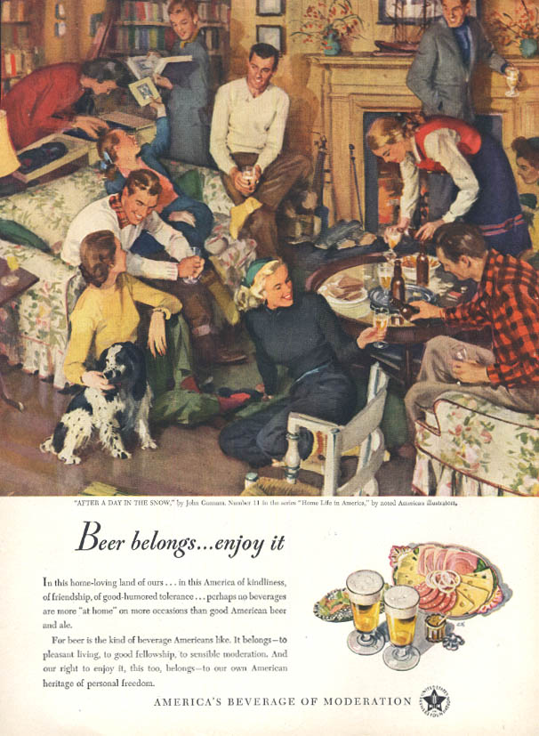 Image for After a Day in the Snow by John Gannam - Beer Belongs ad 1947 L