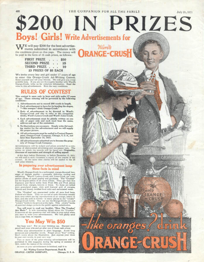 Image for $200 in Prizes! Write Advertisements for Orange-Crush Drink ad 1921