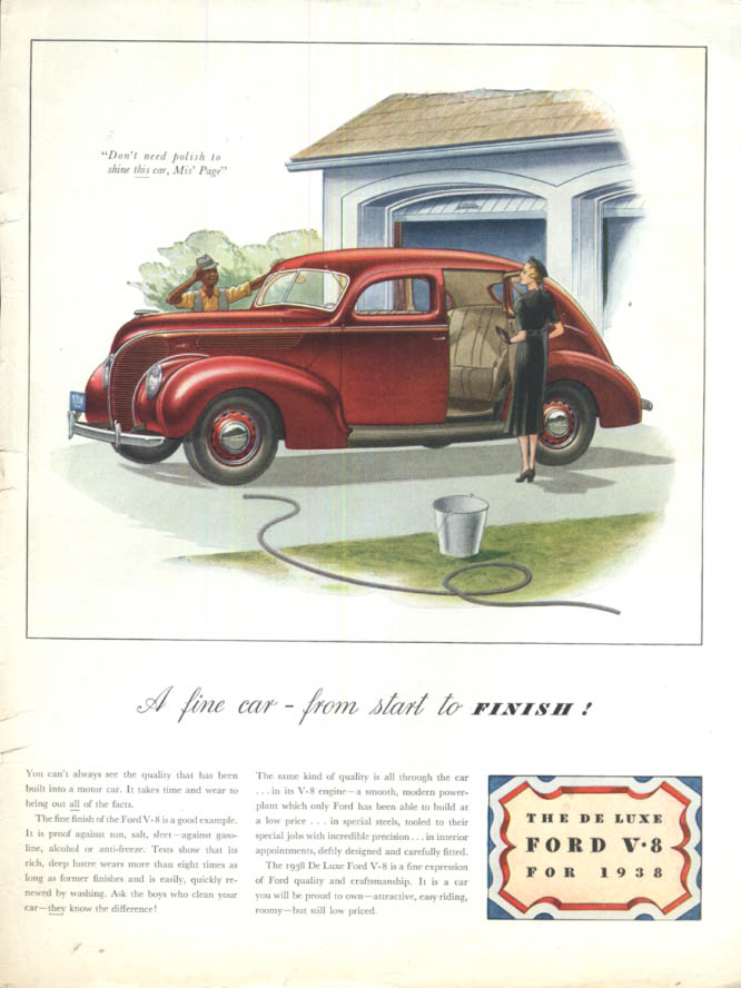 Image for A fine car from start to finish! Ford Del Luxe V-8 Fordor ad 1938 CHJ