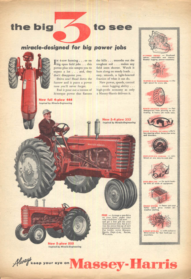 Image for Big 3 to see: Massey-Harris 333 444 555 tractors ad 1956