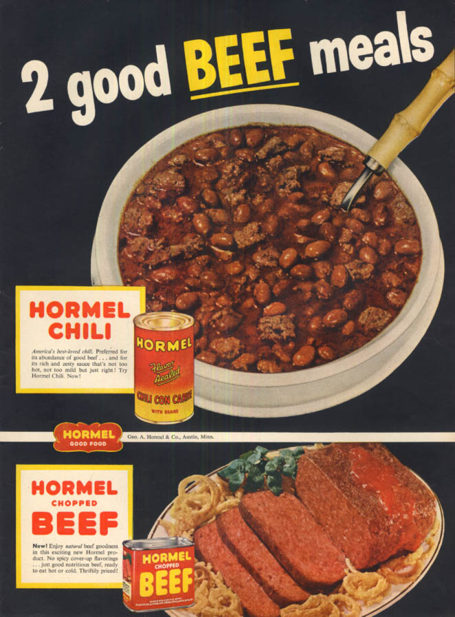 Image for 2 good Beef Meals: Hormel Chili & Chopped Beef ad 1954 L