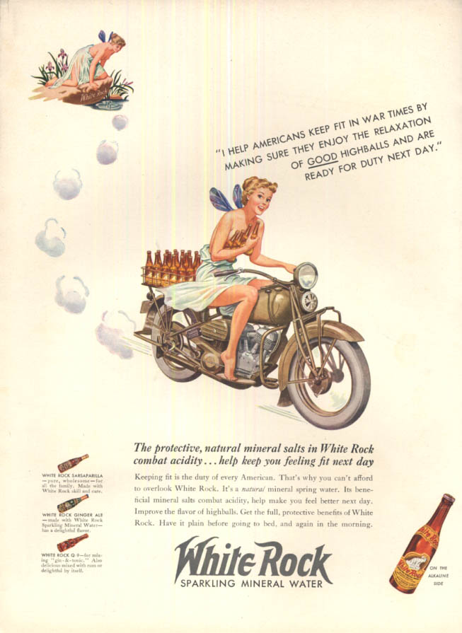 Image for Help War Time Americans keep fit White Rock ad 1942 topless nymph on motorcycle