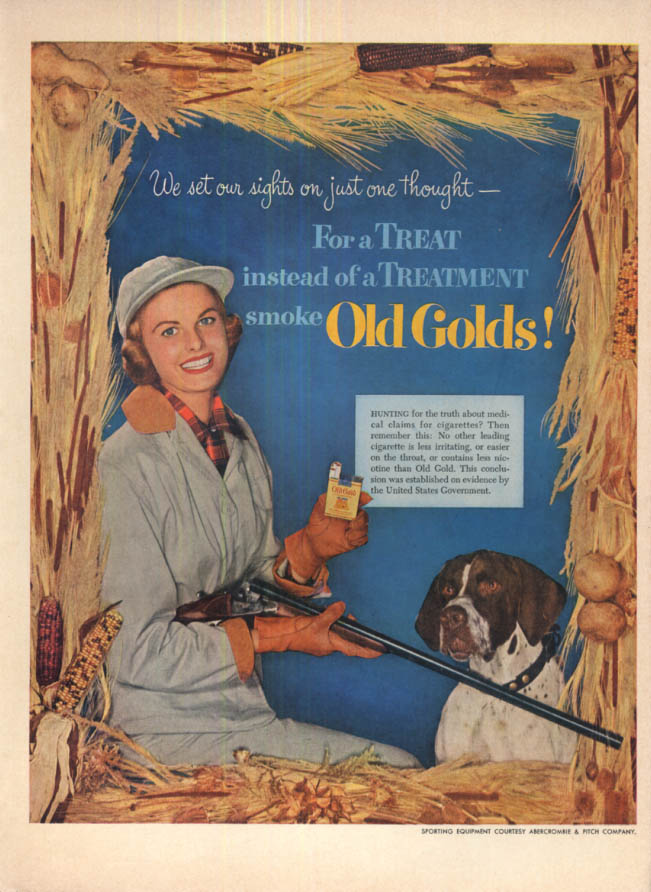 Image for A Treat instead of a Treatment: Old Gold Cigarettes ad 1952 woman shotgun dog