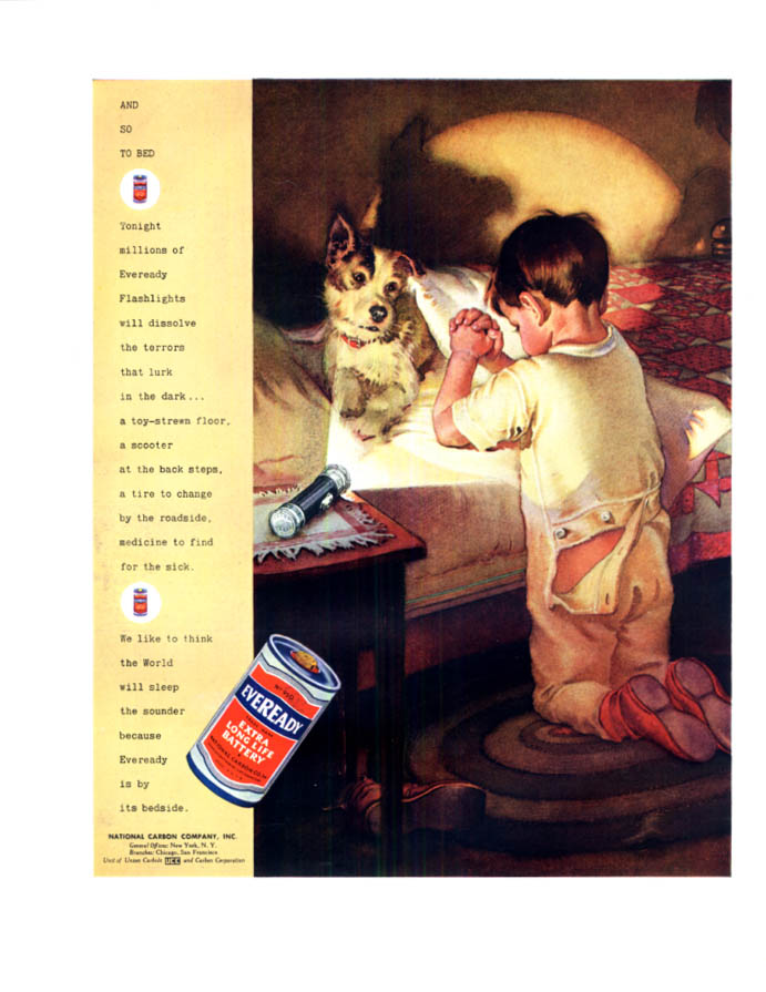 Image for And so to bed Eveready Flashlight & Batteries ad 1936 boy says prayers w/ dog