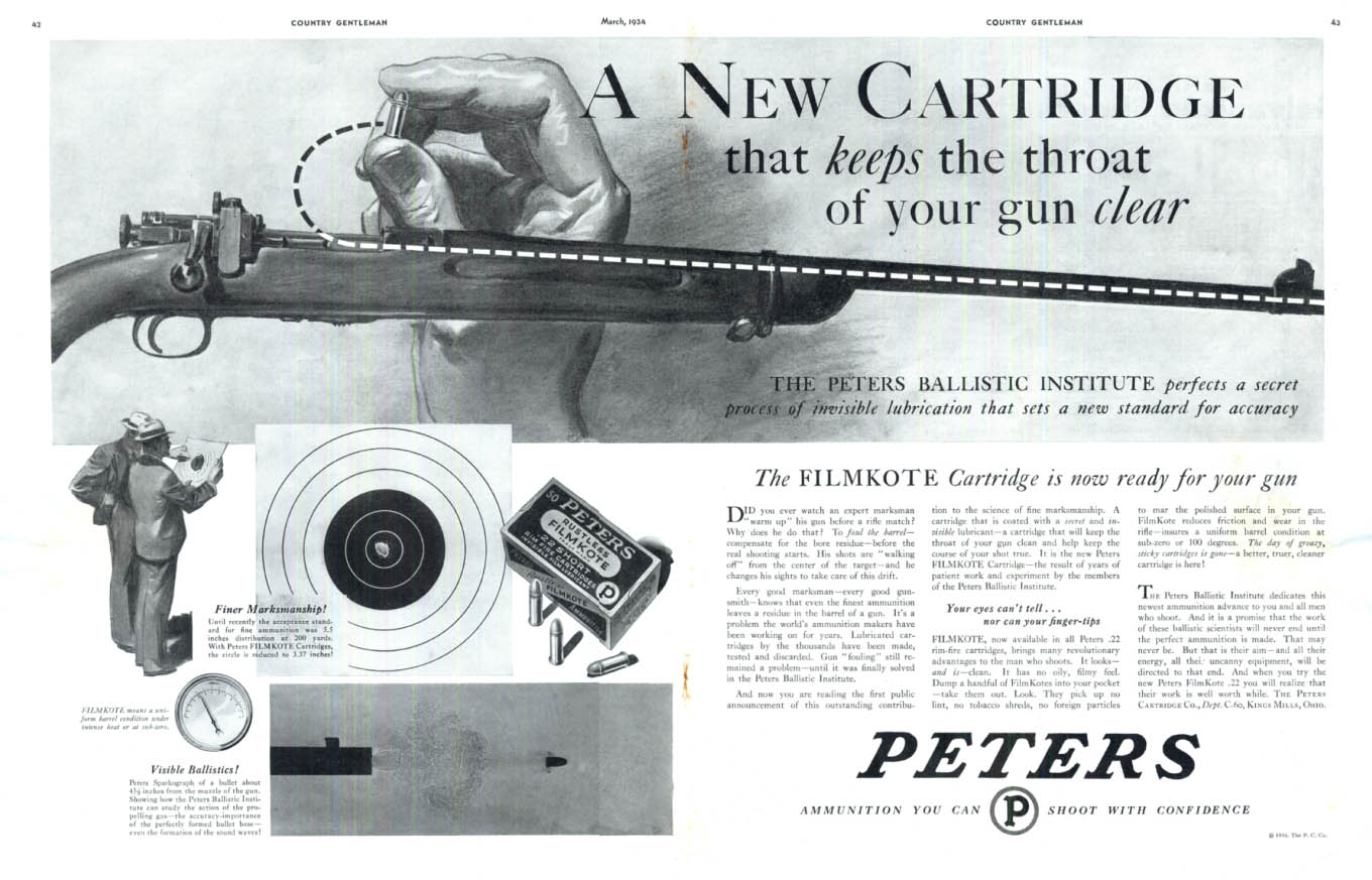 Image for A New Cartridge keeps the throat of your gun clear Peters Filmkote ad 1934 CG