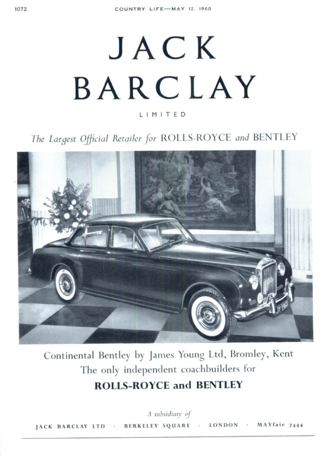 Image for Bentley Continental Jack Barclay / Rolls-Royce ad 1960 view of on-coming Rolls