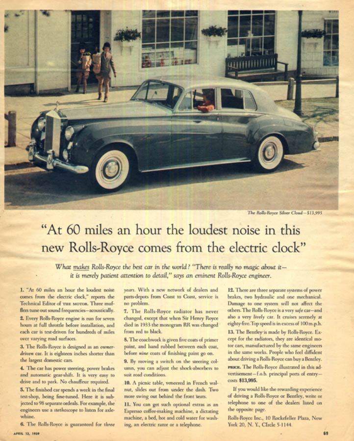 Image for At 60 miles an hour the loudest noise . . . Rolls-Royce Silver Cloud ad 1959 NYT
