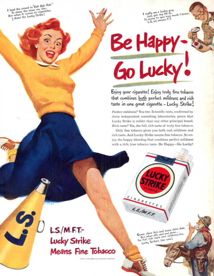 Image for Be Happy! Go Lucky Strike Cigarettes! Redhead cheerleader & megaphone ad 1950
