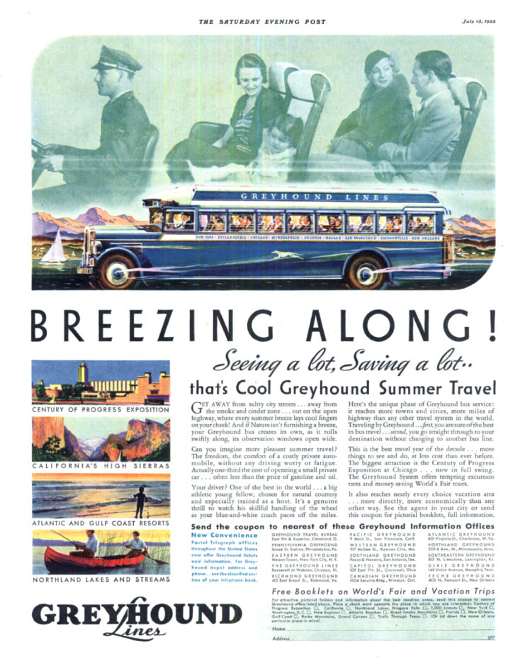 Image for Breezing Along! Seeing a lot Saving a lot Greyhound Bus ad 1933 SEP