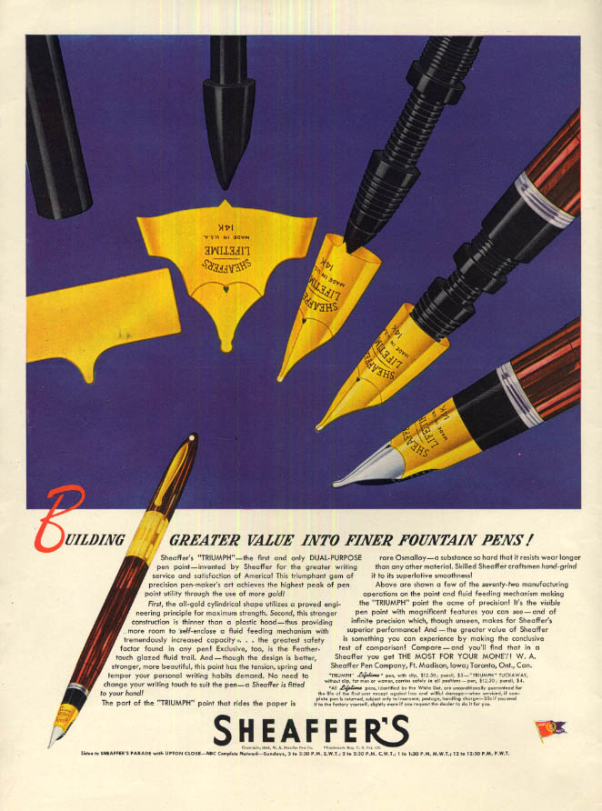 Image for Building greater value into finer fountain pens: Sheaffer's 14k nib ad 1944 L