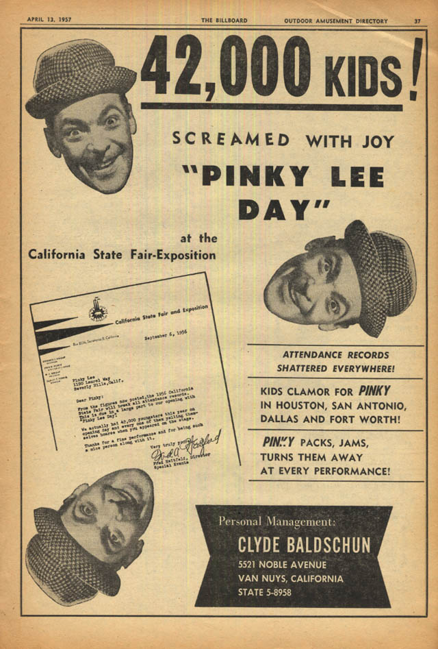 Image for 42,000 Kids! Screamed with joy on Pinky Lee Day at Cal-State Fair ad 1957