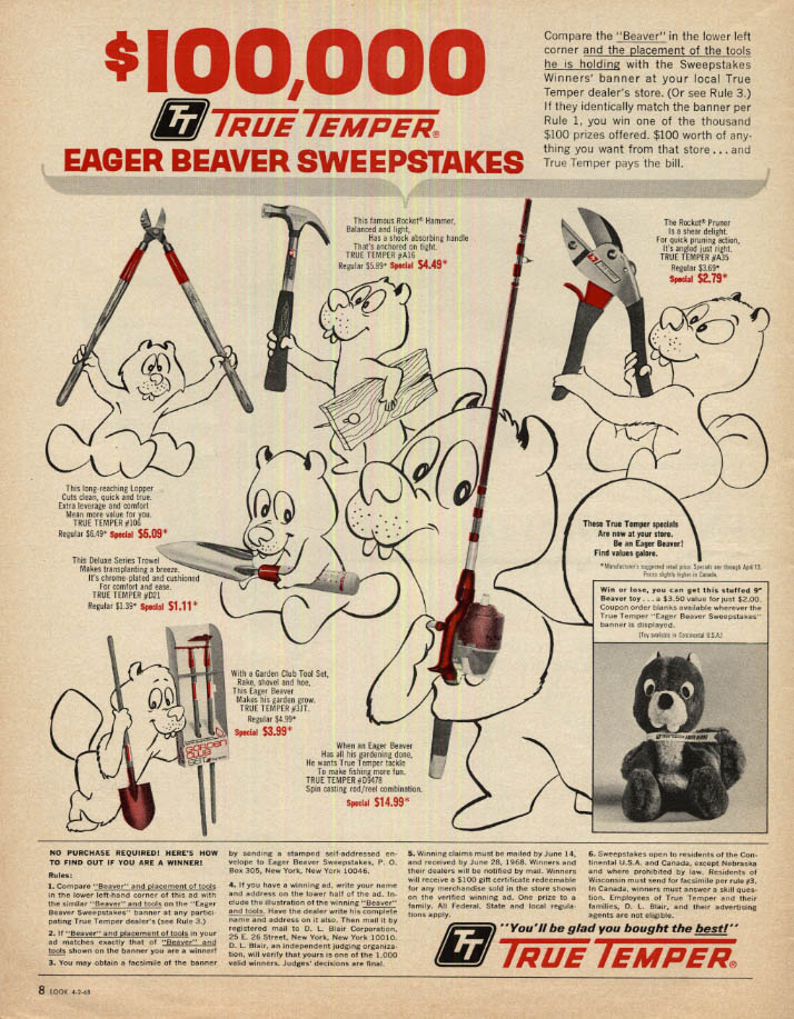 Image for $100,000 True Temper Hardware Eager Beaver Sweepstakes ad 1968 LK