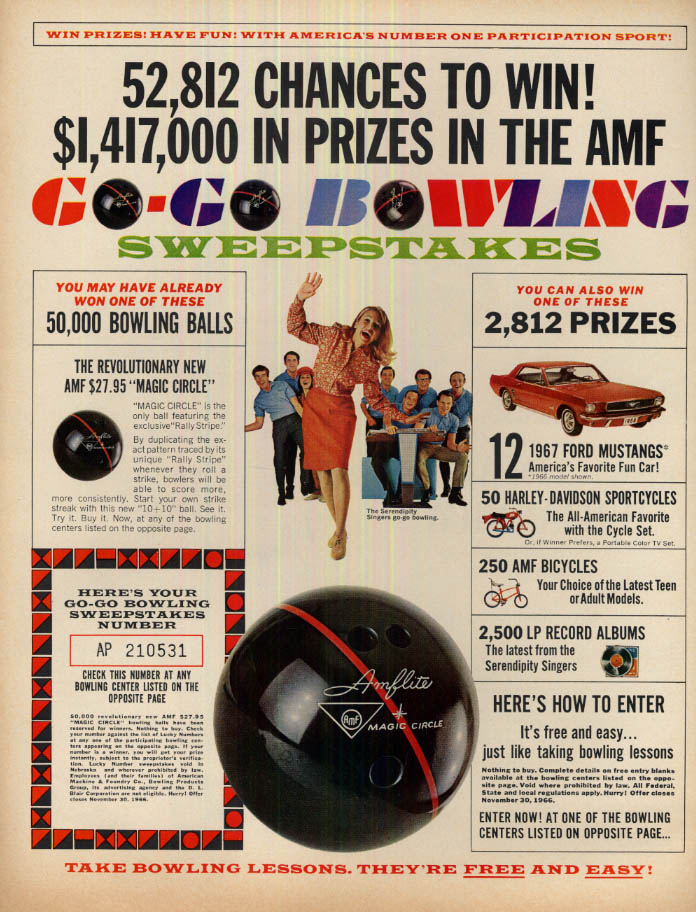 Image for AMF Go-Go Bowling Sweepstakes ad 1966 1967 Mustang prize LK