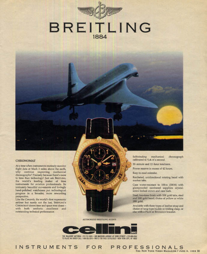 Image for Breitling 1884 Chronomat wrist watch: Cellini ad 1996 Concorde takeoff NYT