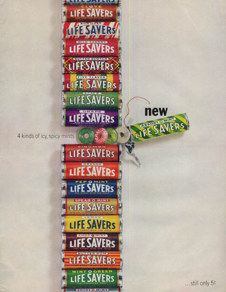 Image for 4 kinds of icy, spicy mints New Life Savers Assort-o-Mint candy ad 1964 SEP