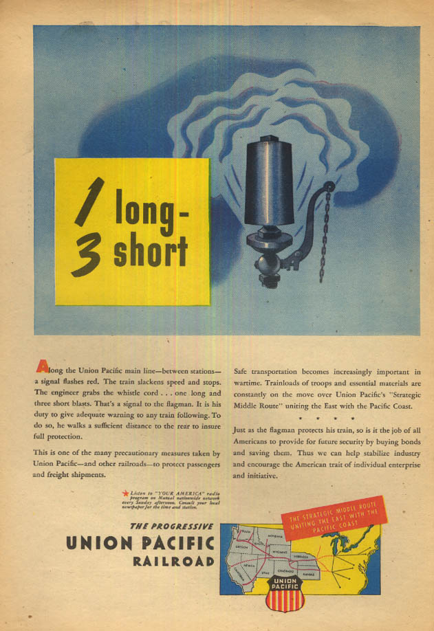 Image for 1 long - 3 short signal to the flagman on the Union Pacific RR ad 1945