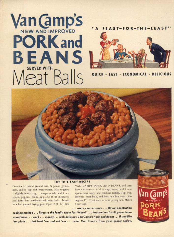 Image for A Feast-for-the-Least Van Camp's Pork & Beans with Meat Balls ad 1942 L