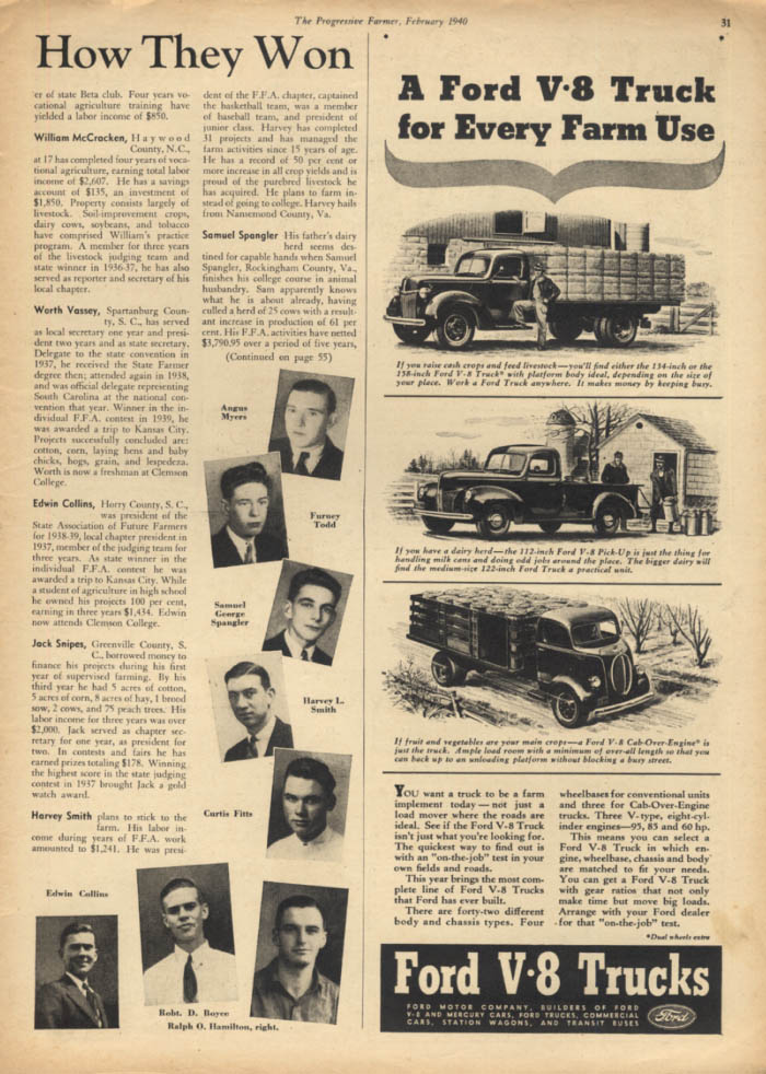 Image for A Ford V-8 Truck for Every Farm Use: flatbed, pickup, Cab-Over-Engine ad 1940