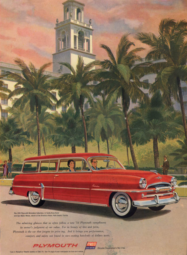 Image for Admiring glances at Breakers Hotel Palm Beach FL: Plymouth Suburban ad 1954