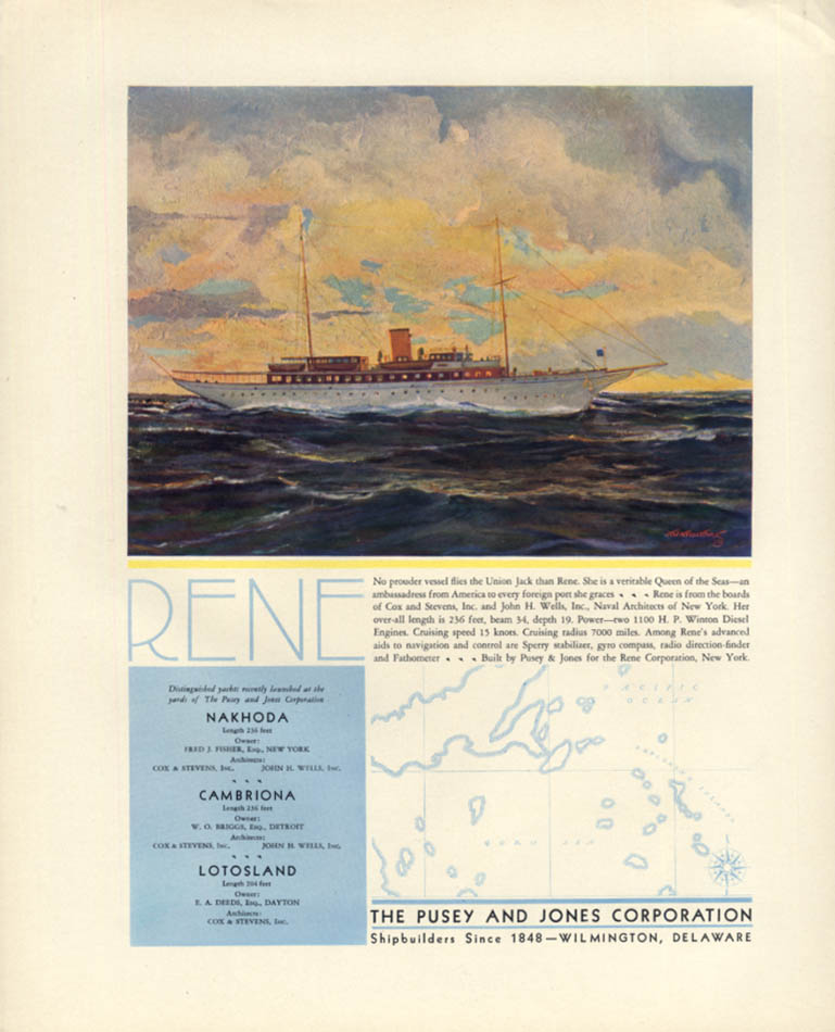 Image for 236-foot Power yacht Rene: Pusey & Jones Shipbuilders ad 1930 F