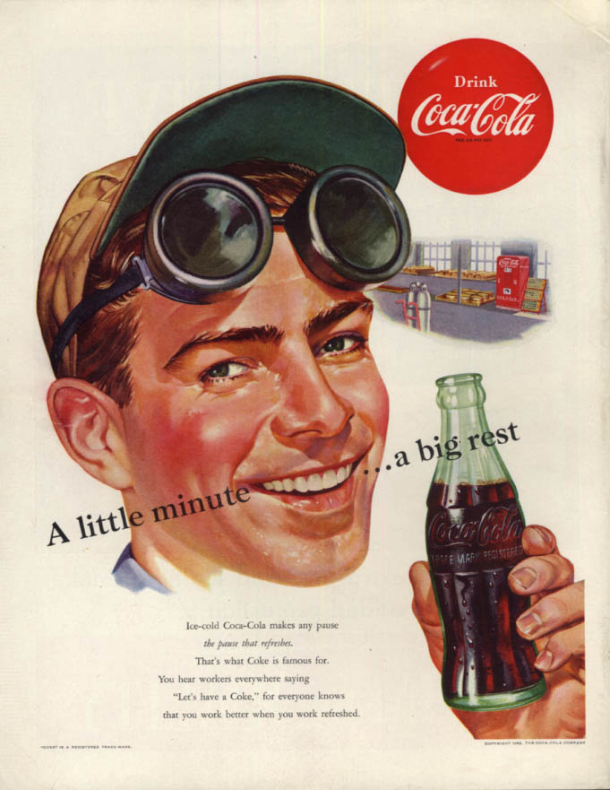 Image for A little minute - a big rest Coca-Cola ad 1952 welder in shop SEP