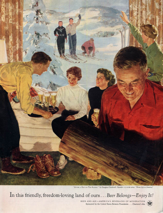 Image for After a Day on the Slopes by Douglass Crockwell - Beer Belongs ad 1955 Col