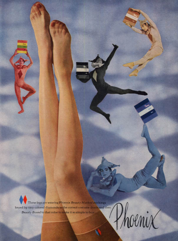 These legs are wearing Phoenix Beauty Marked stockings ad 1953 VOG