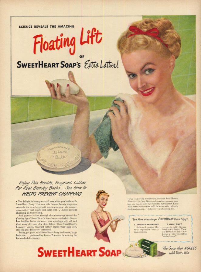 Image for Amazing Floating Lift SweetHeart Soap Extra Lather ad 1948 blonde in sudsy tub L