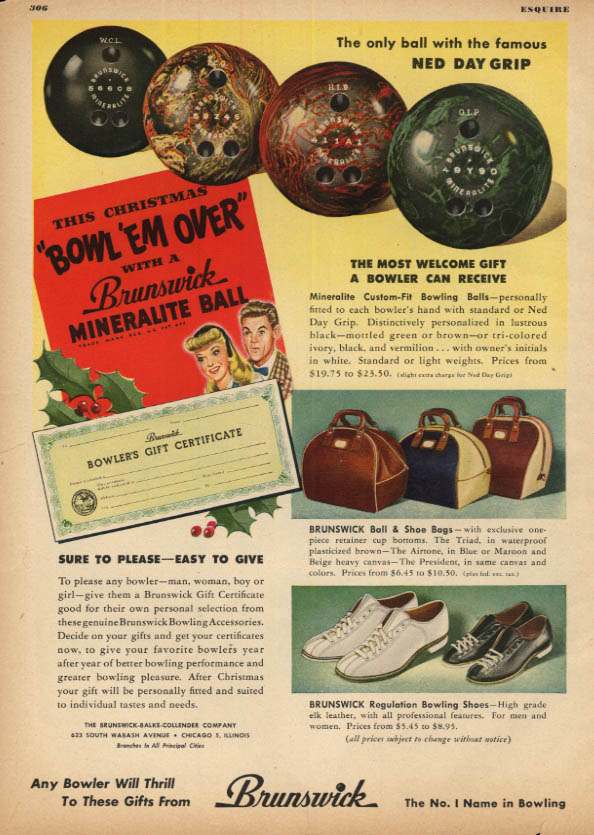 Image for Bowl 'em Over with a Brunswick Mineralite Bowling Ball ad 1946 ESQ
