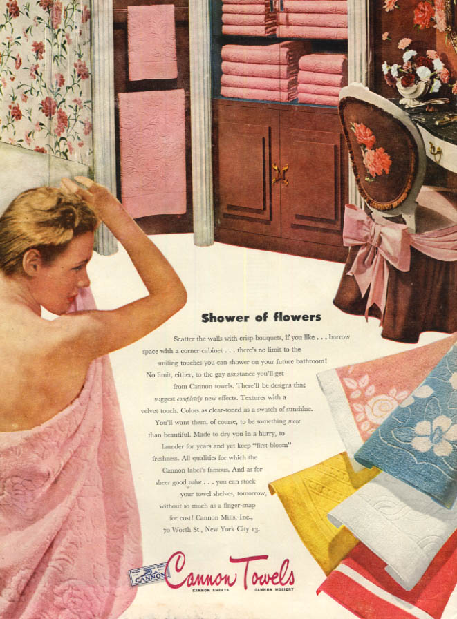 Shower of flowers Cannon Towels ad 1945 blonde shower nude L