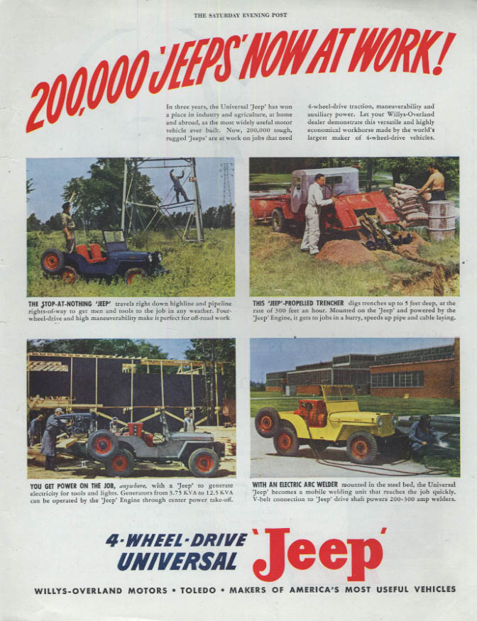 Image for 200,000 Jeeps Now at Work - Willys-Overland Universal Jeep ad 1948 SEP