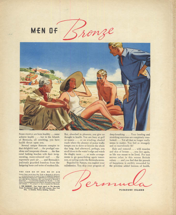 Image for Men of Bronze - Bermuda Pleasure Island tourism ad 1938 3 guys & swimsuit gal