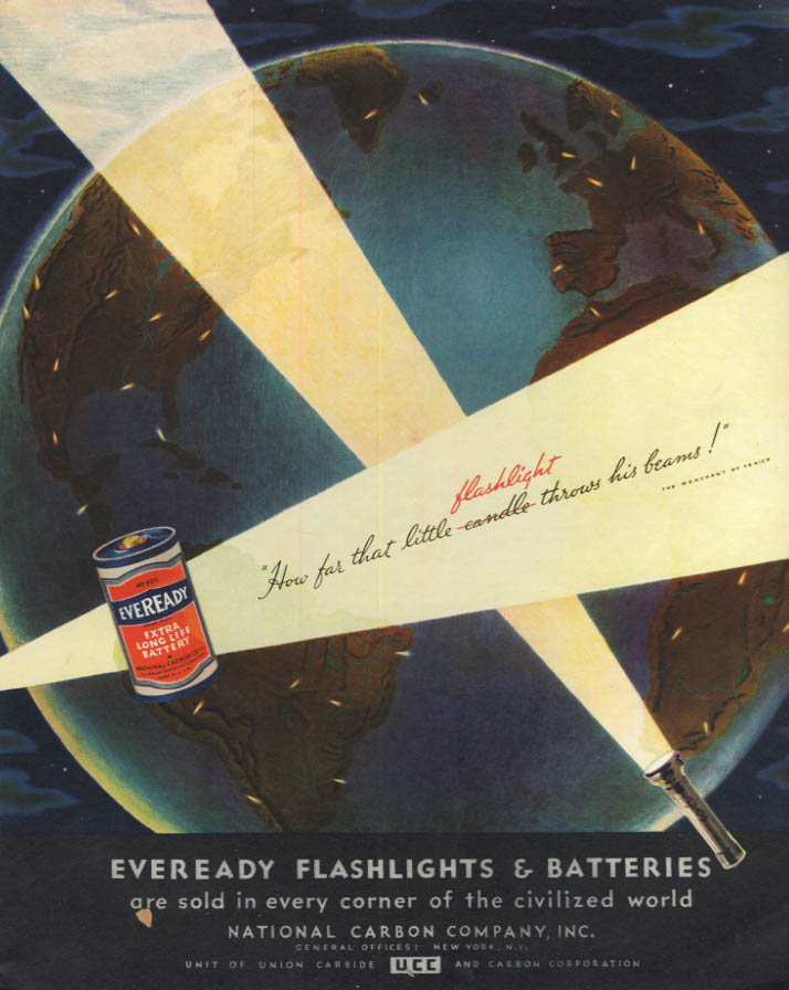 Image for How far that little flashlight throws its beams Evereday Batteries ad 1935 F
