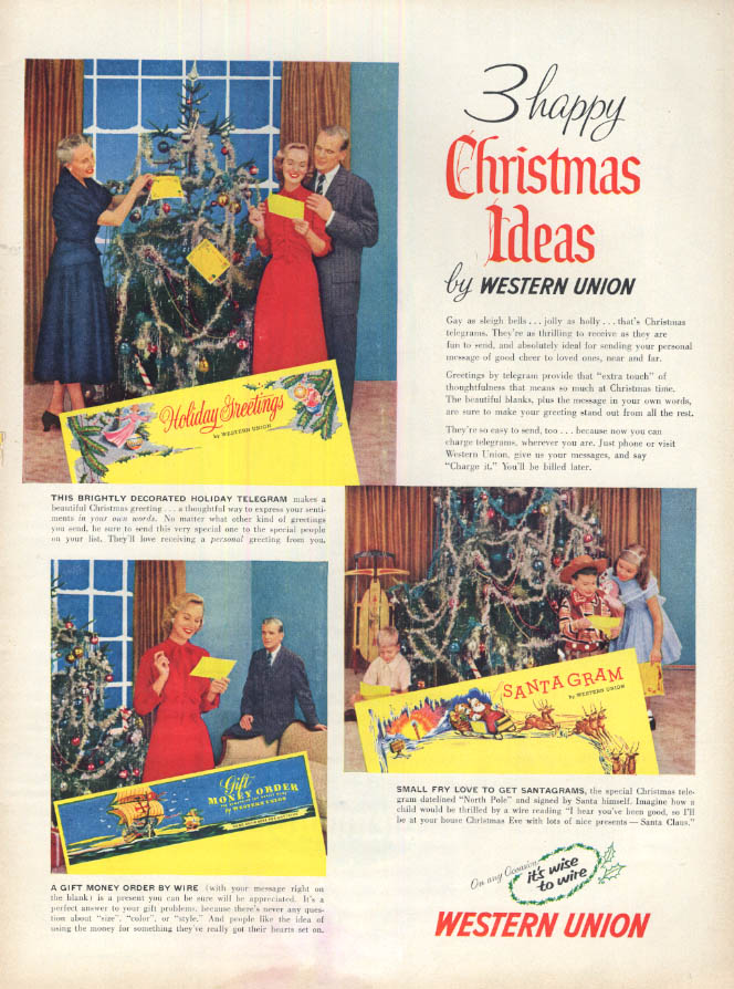Image for 3 Happy Christmas Ideas by Western Union telegram Santagram ad 1955 L