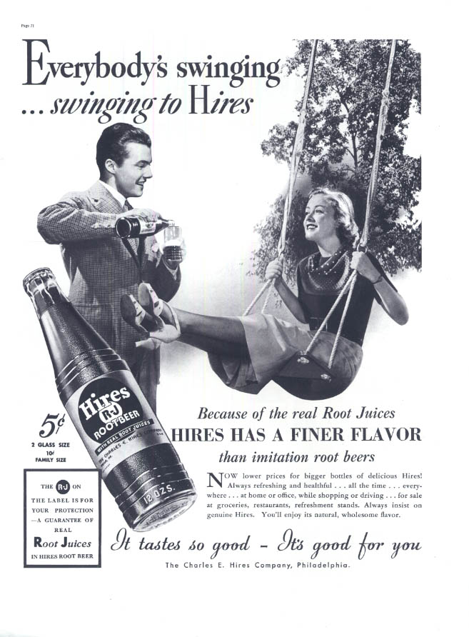 Image for Everybody's swinging to Hires Root Beer ad 1937 tree swing L