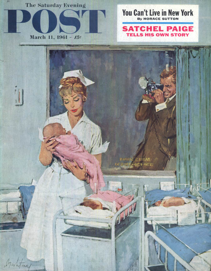 Image for SATURDAY EVENING POST COVER 3/14 1961 nurse holds newborn for Dad by Whitmore