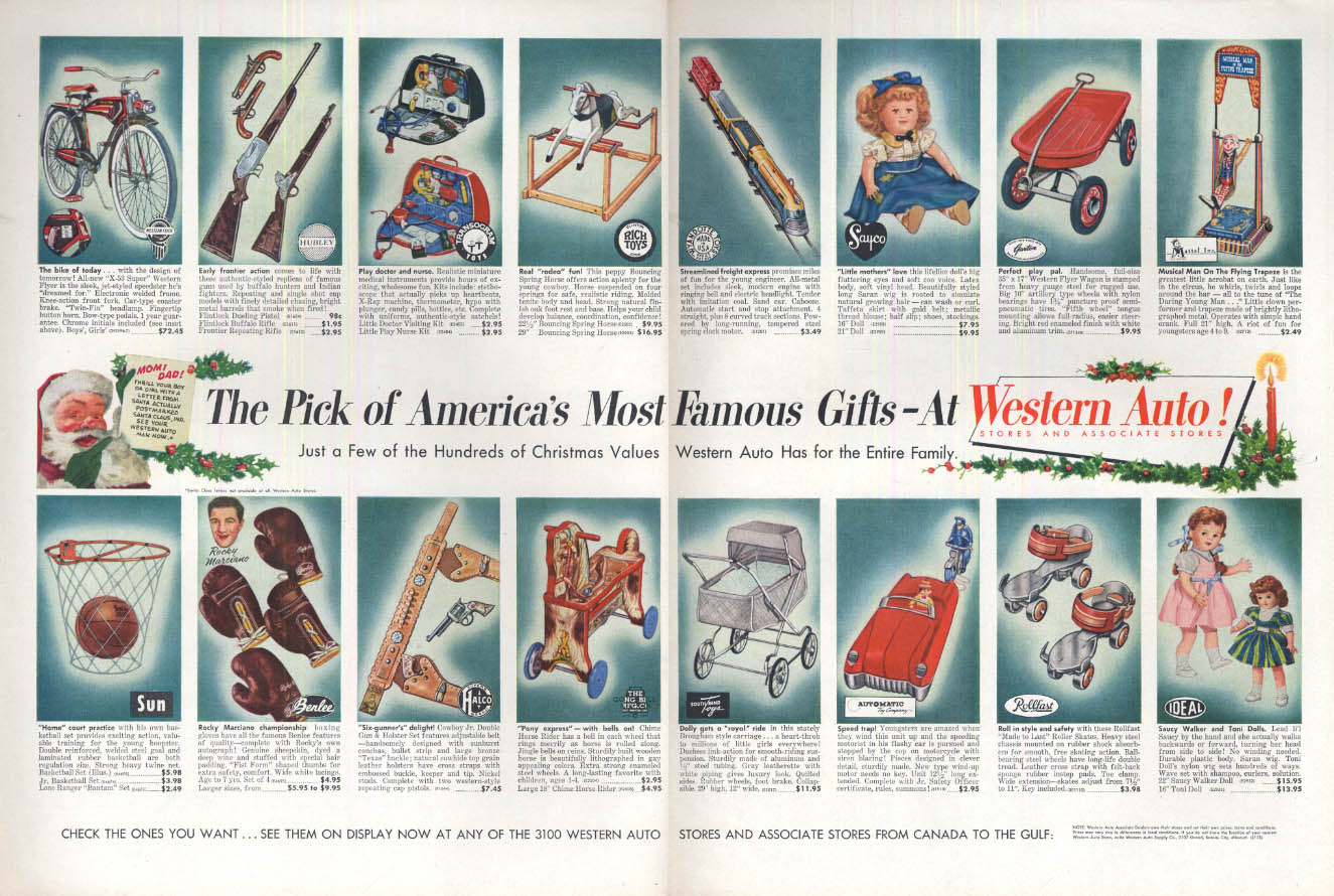 Image for America's Most Wanted Gifts Western Auto ad 1953 Rocky Marciano + toys bike doll