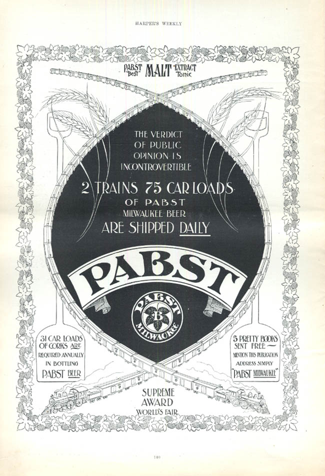 Image for 2 Trains 75 Carloads of Pabst Milwaukee Beer Shipped Daily ad 1895