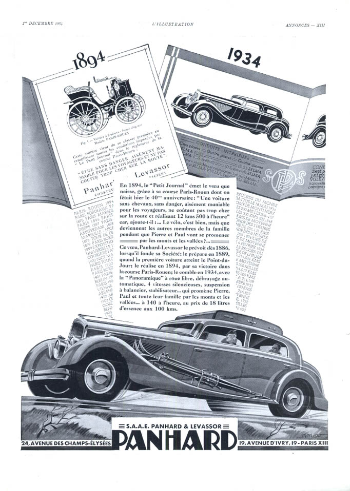 Image for 1894 to 1934 - Panhard Panoramique on ski vacation ad 1934 in French