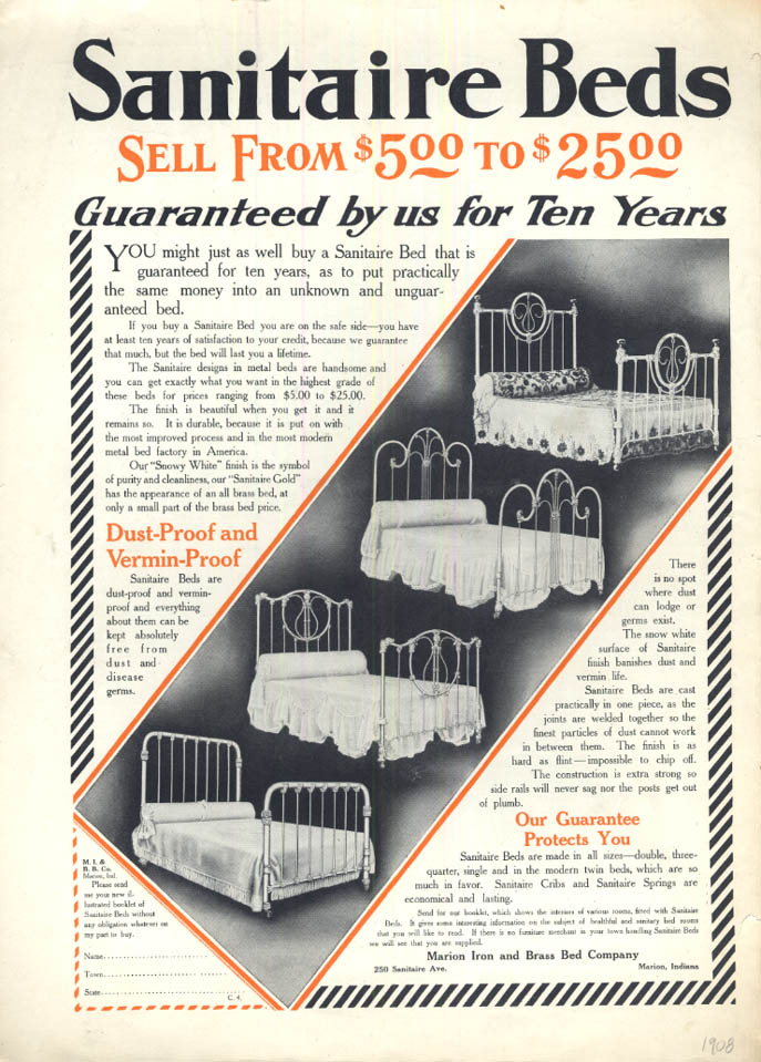 Image for Guaranteed by us for Ten Years - Marion Iron & Brass Sanitaire Beds ad 1908