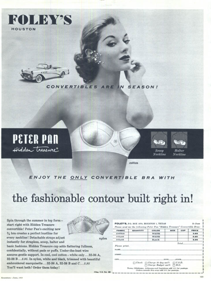 Convertibles are back in season! Peter Pan Scoop or Halter Bra ad 1955