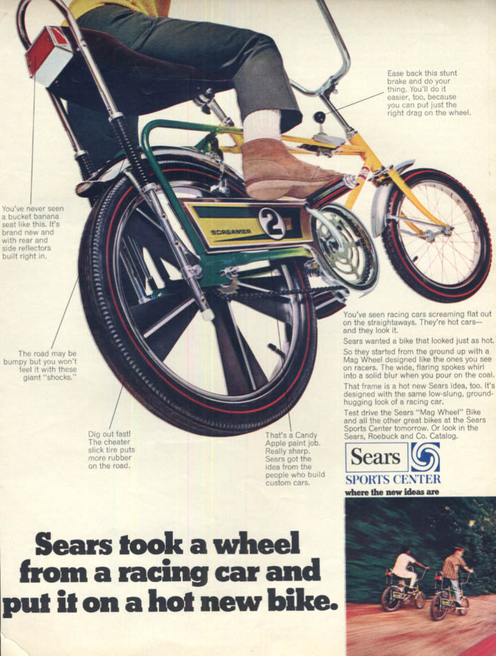 Image for A wheel from a racing car on a hot new Sears Screamer 2 bicycle ad 1969 BL