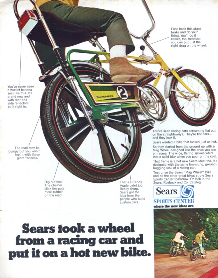 Image for A wheel from a racing car - Sears Screamer 2 bicycle ad 1969 BL