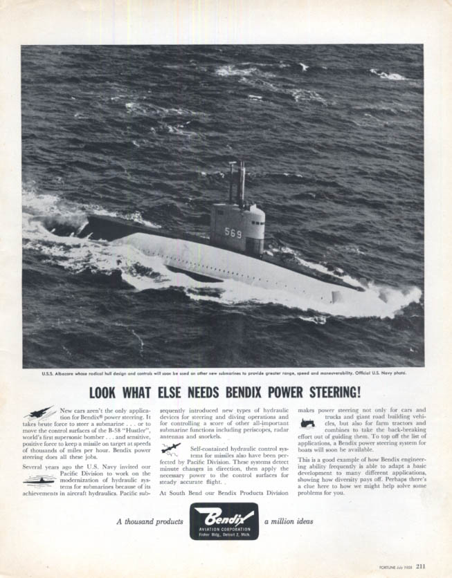 Image for Look what else need Bendix Power Steering - USS Albacore submarine ad 1958 F
