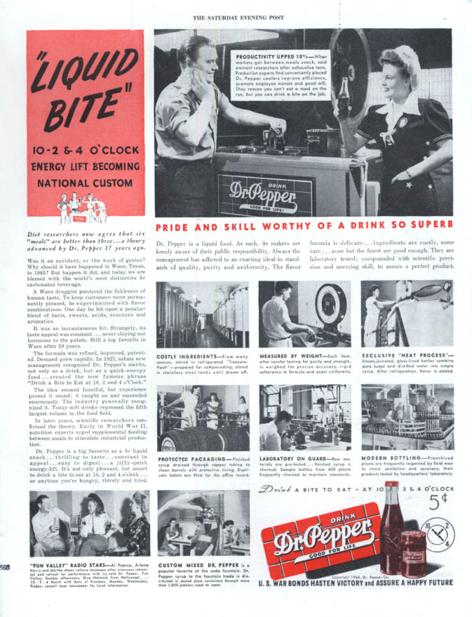 Image for Liquid Bite energy lift becoming national custom Dr Pepper ad 1944 SEP