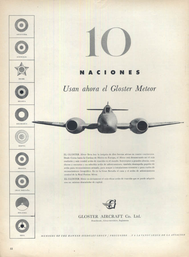 Image for 10 Naciones Usan ahora el Gloster Metero jet fighter ad in Spanish 1953