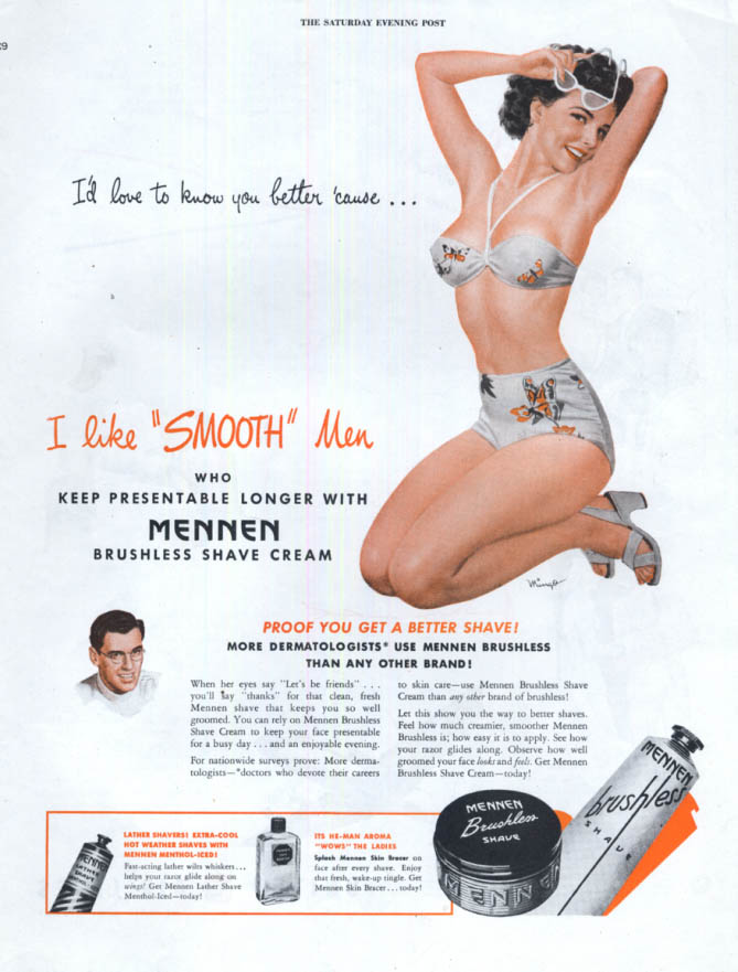 Image for I like smooth men - Mennen Shaveing Cream ad 1946 Mingo swimsuit pin-up SEP